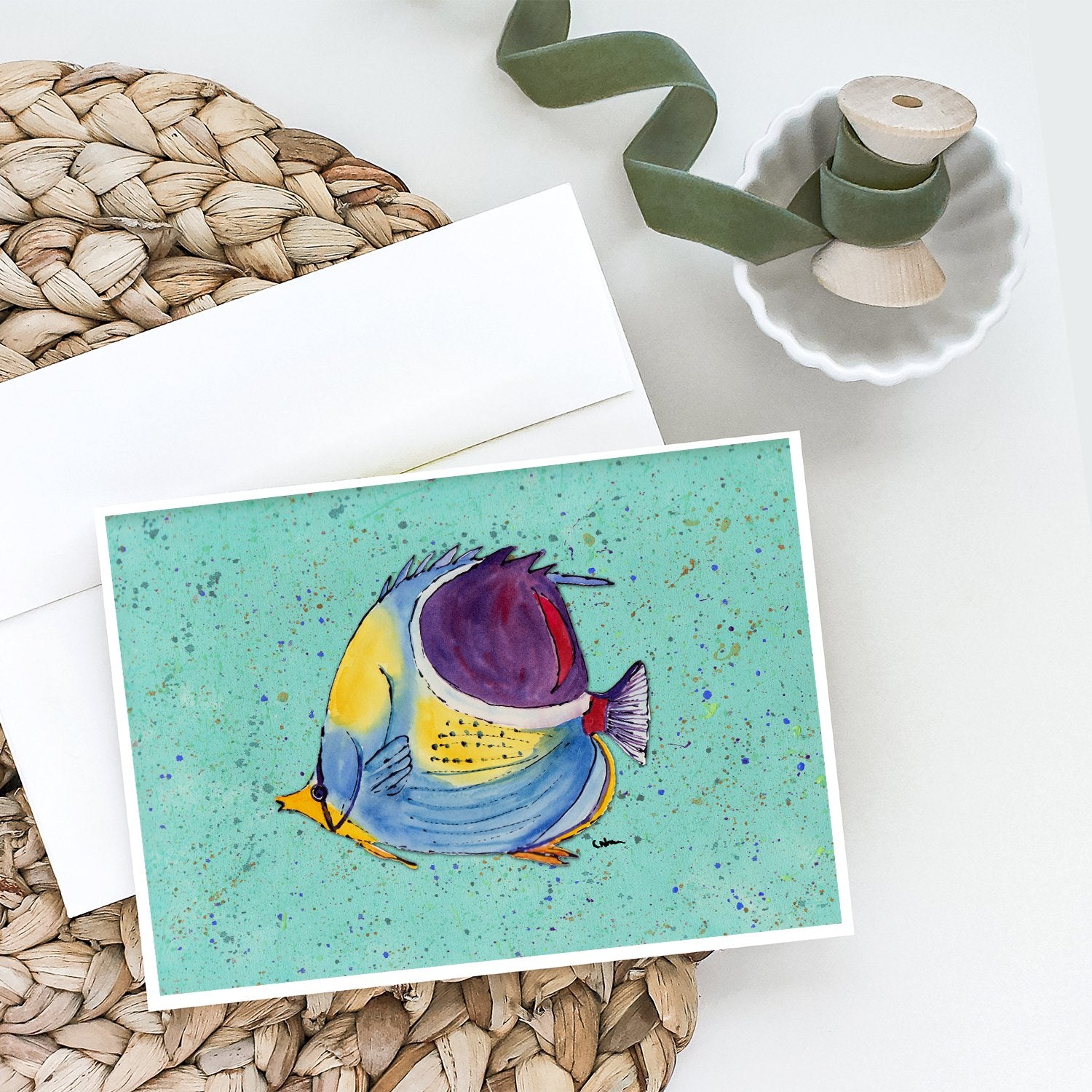 Tropical Fish on Teal Greeting Cards and Envelopes Pack of 8 - the-store.com