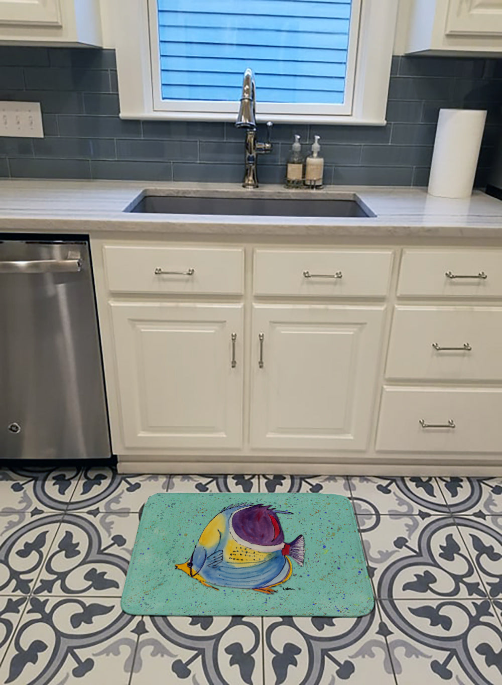 Tropical Fish on Teal Machine Washable Memory Foam Mat 8576RUG - the-store.com