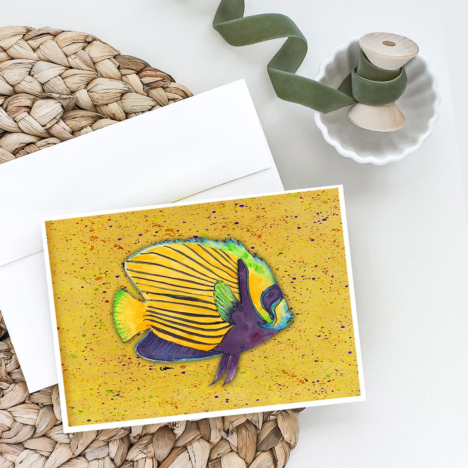 Tropical Fish on Mustard Greeting Cards and Envelopes Pack of 8 - the-store.com
