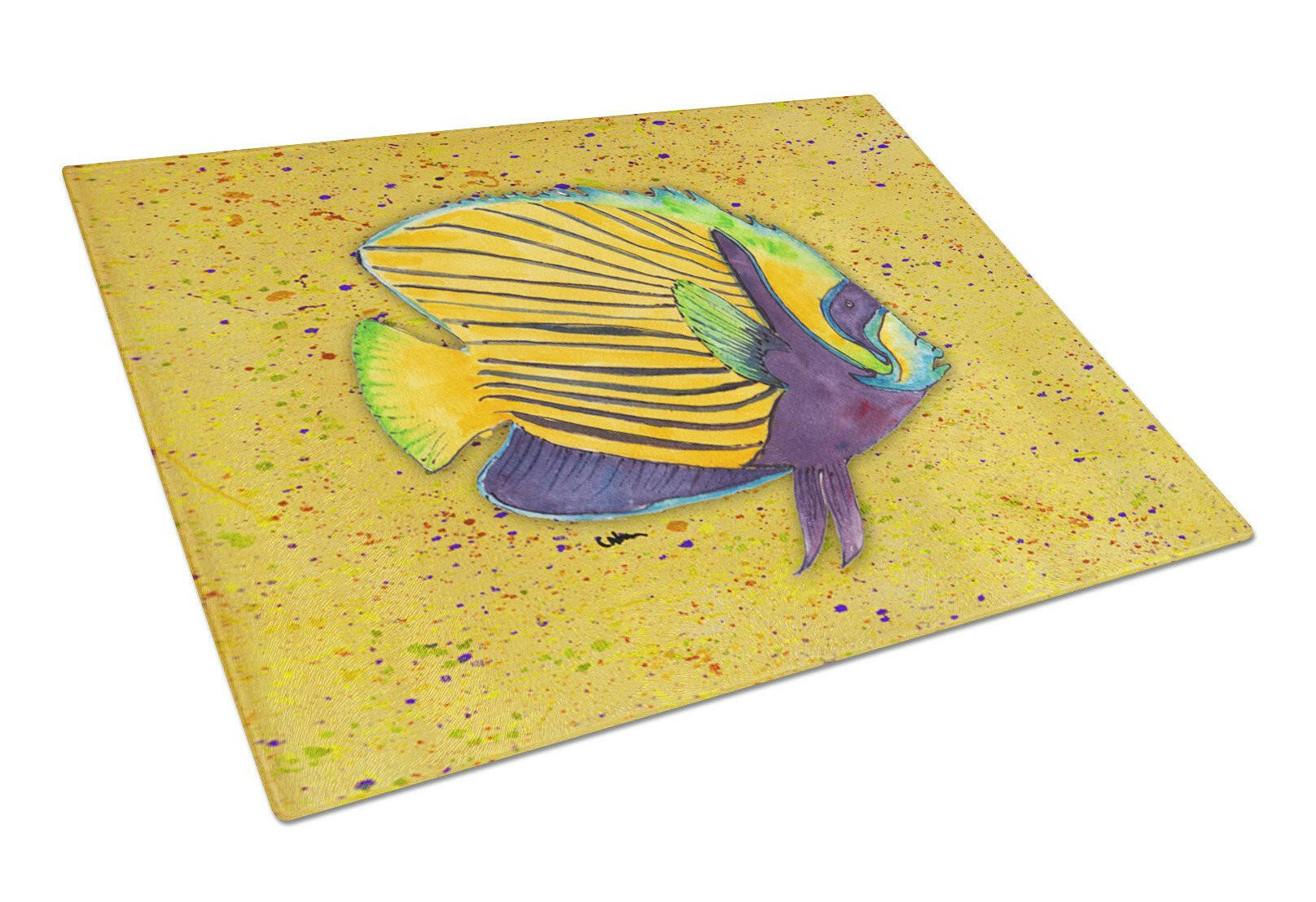 Tropical Fish on Mustard Glass Cutting Board Large by Caroline's Treasures