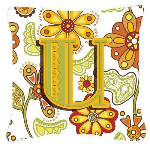Letter U Floral Mustard and Green Canvas Fabric Decorative Pillow CJ2003-UPW1414 by Caroline&#39;s Treasures