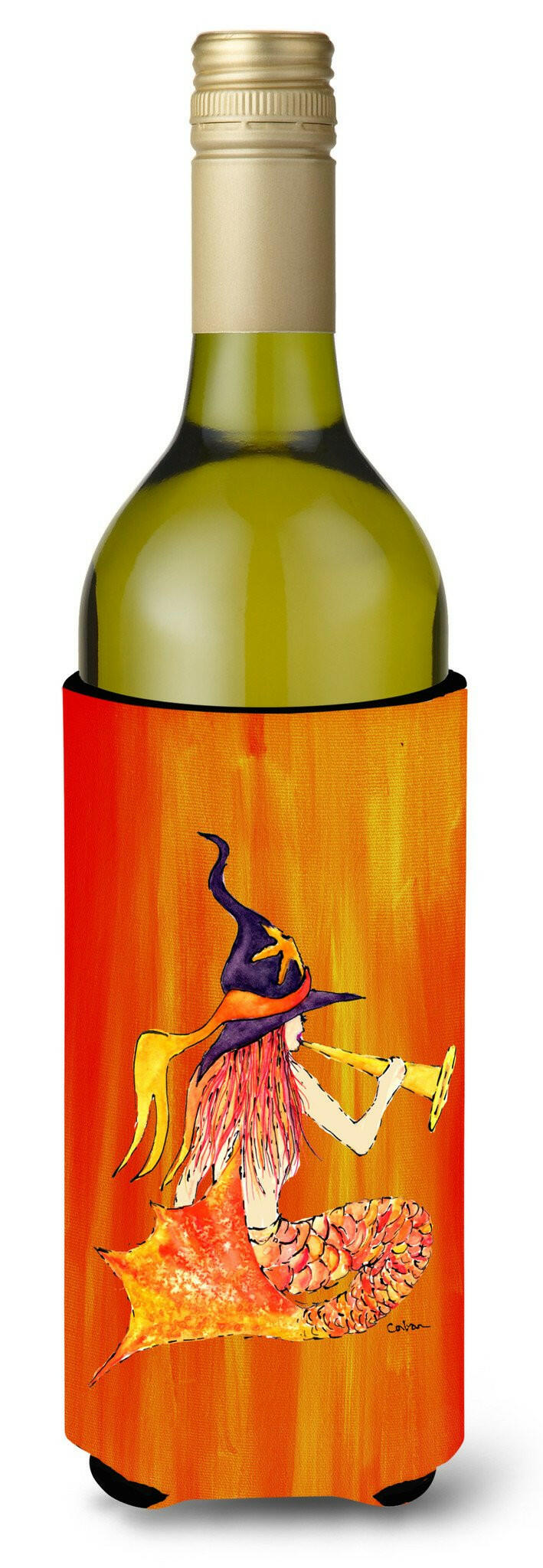 Mermaid in Witches Hat Halloween Wine Bottle Beverage Insulator Beverage Insulator Hugger by Caroline&#39;s Treasures