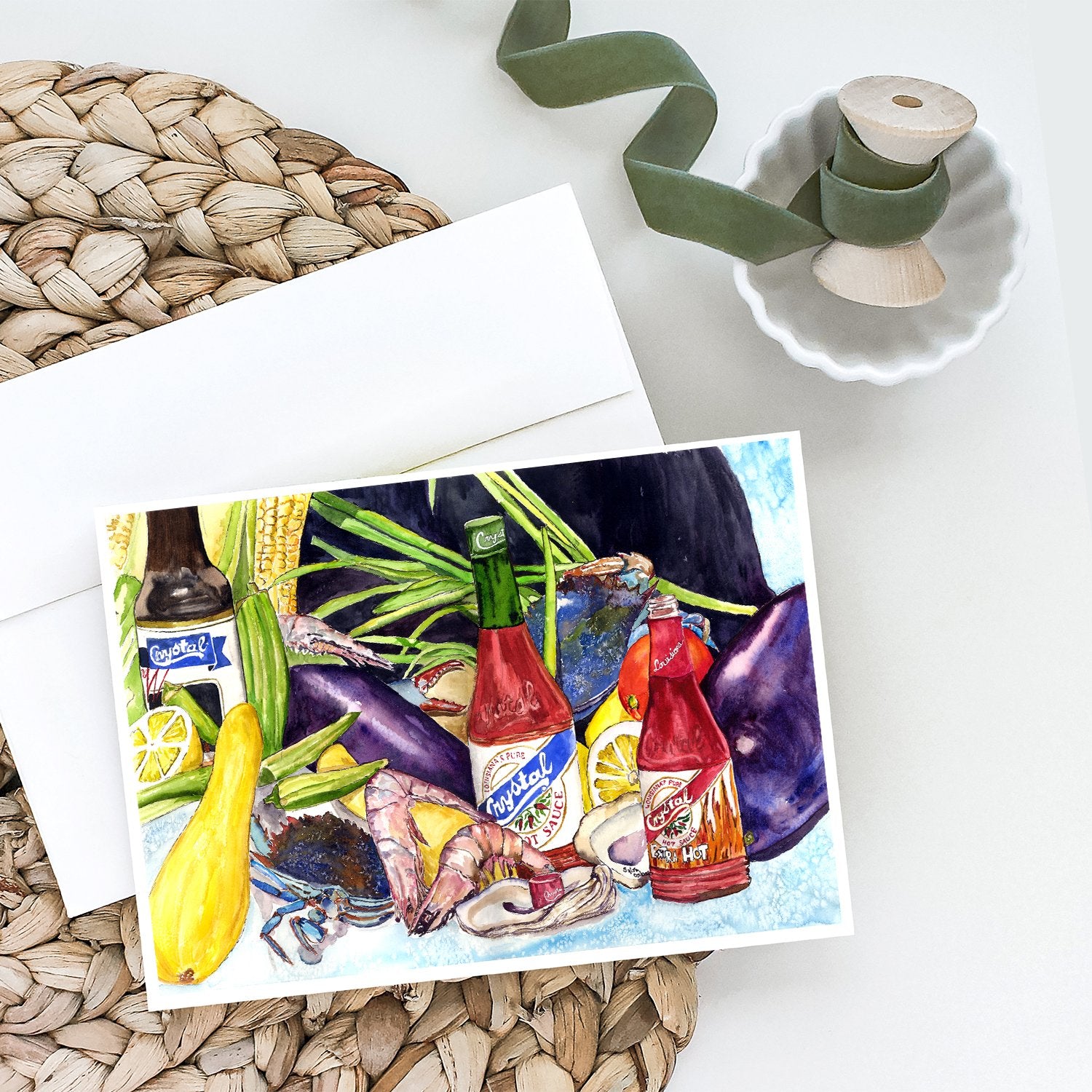 Crystal Hot Sauce with Seafood Greeting Cards and Envelopes Pack of 8 - the-store.com