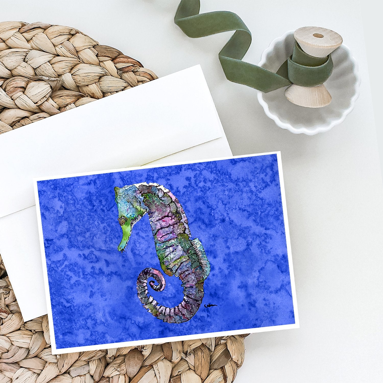 Seahorse on Blue Greeting Cards and Envelopes Pack of 8 - the-store.com
