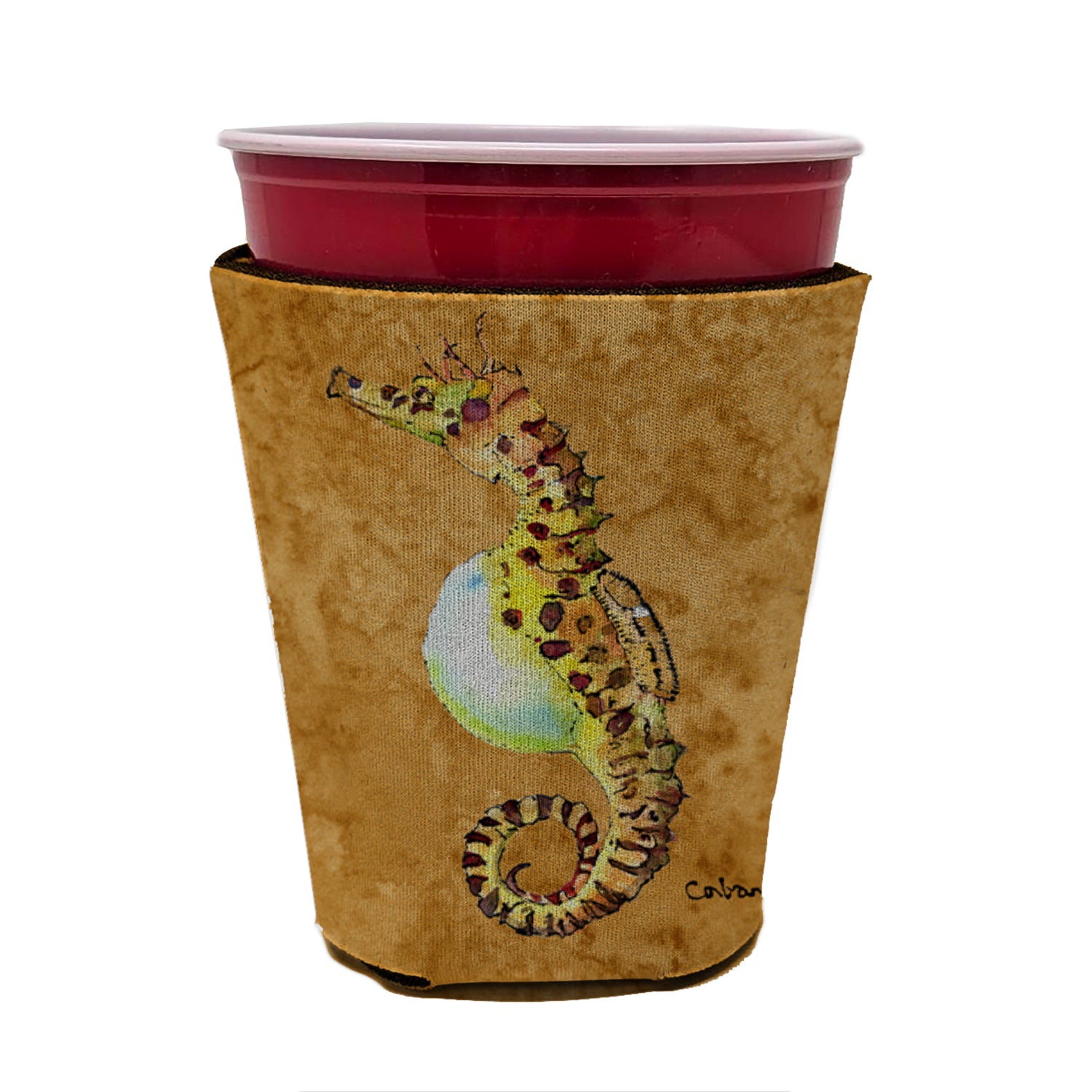 Seahorse Male on gold Red Cup Beverage Insulator Hugger
