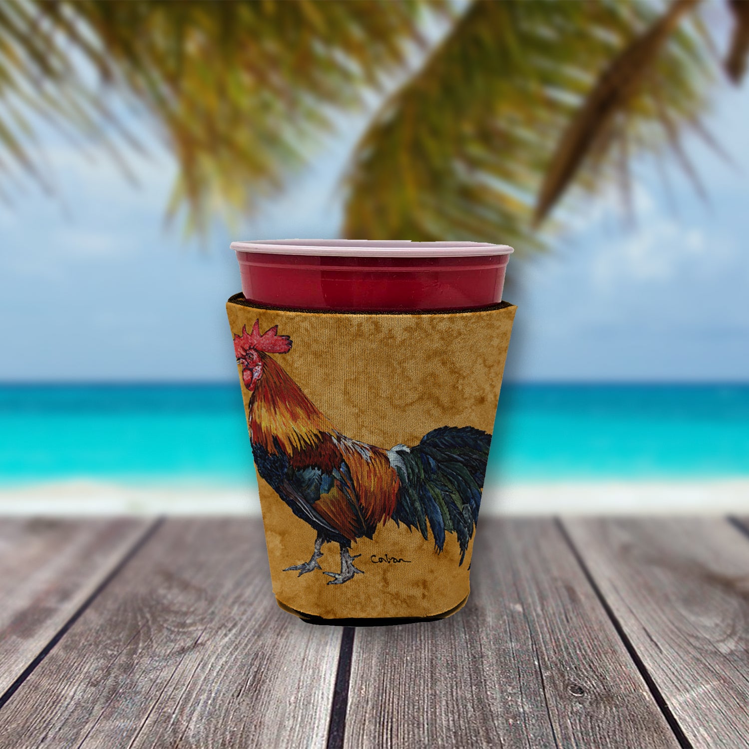 Bird - Rooster  Red Cup Beverage Insulator Hugger