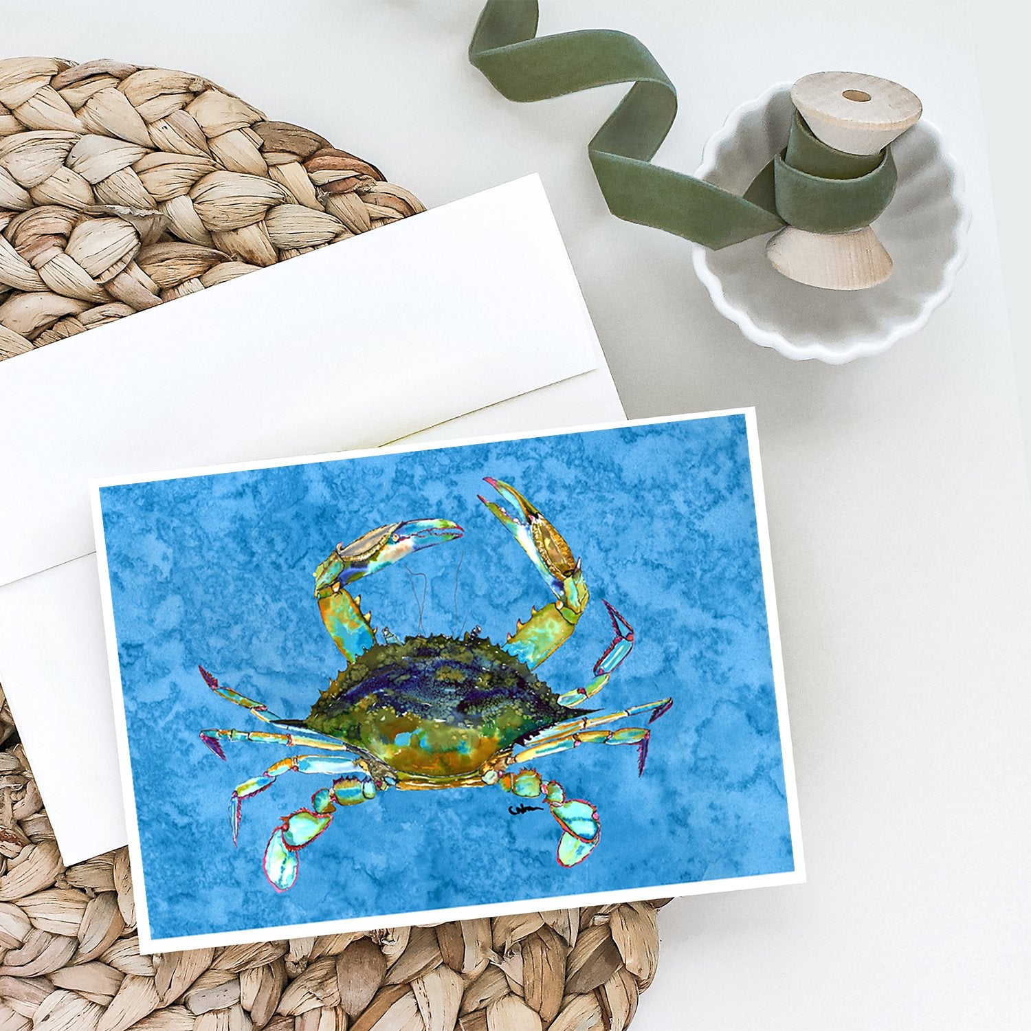 Blue Crab on Blue Greeting Cards and Envelopes Pack of 8 - the-store.com