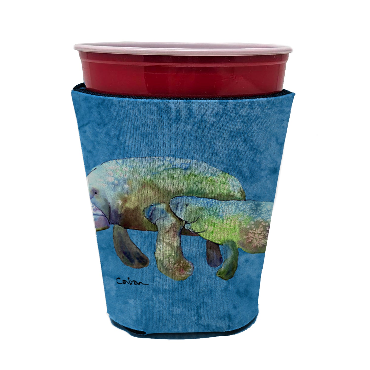 Manatee Momma and Baby Red Cup Beverage Insulator Hugger