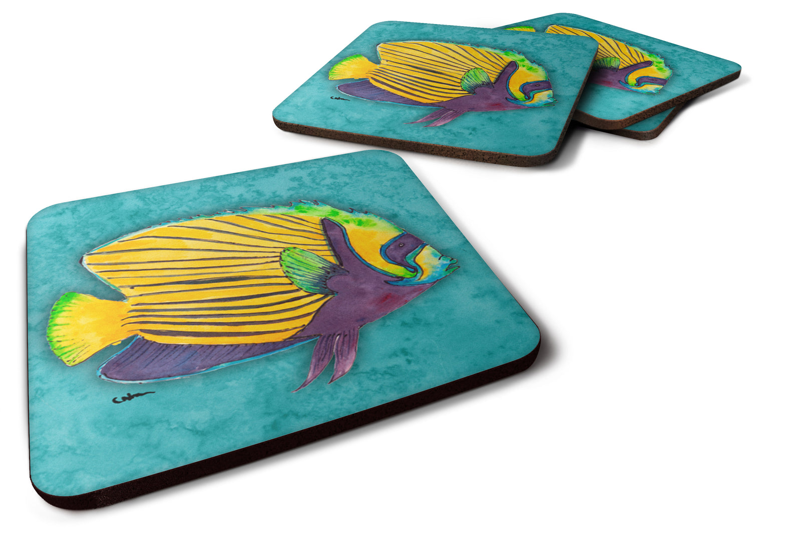 Set of 4 Fish  Tropical on Teal Foam Coasters - the-store.com