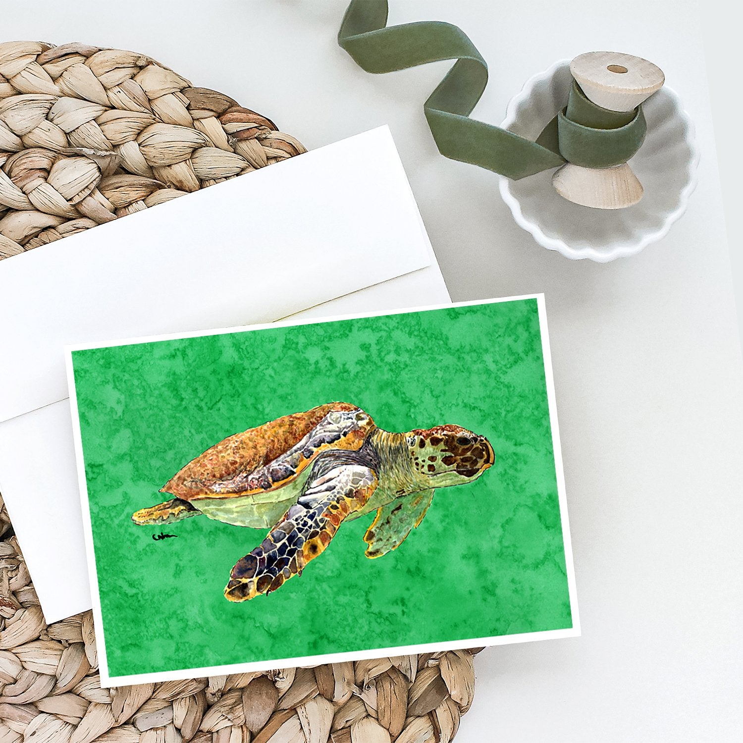 Loggerhead Turtle on Green Greeting Cards and Envelopes Pack of 8 - the-store.com