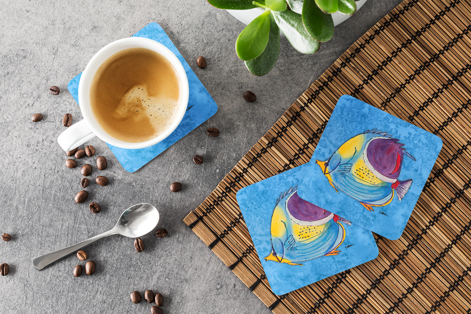 Set of 4 Fish  Tropical on Blue Foam Coasters - the-store.com