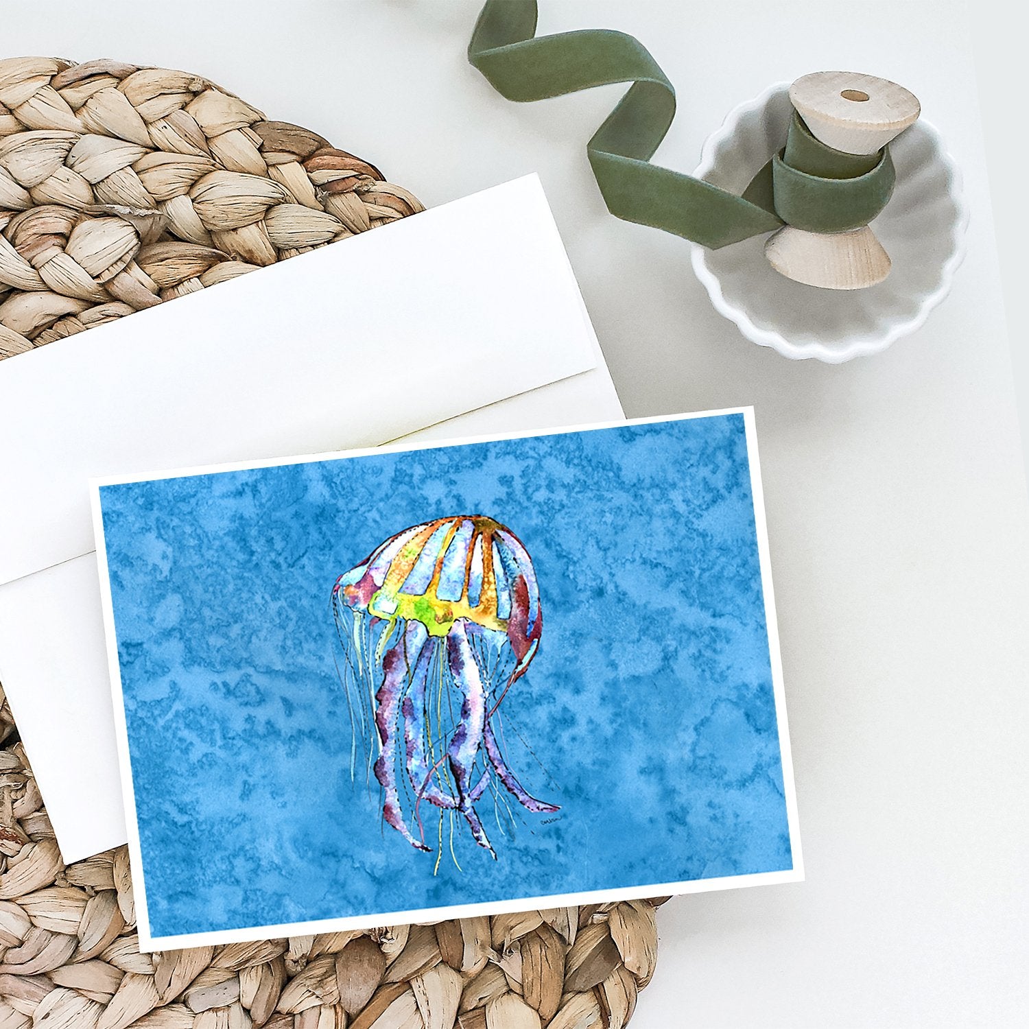 Jelly Fish on Blue Greeting Cards and Envelopes Pack of 8 - the-store.com