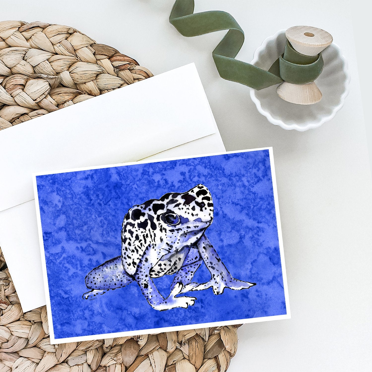 Caroline's Treasures Frog on Blue Greeting Cards - Blank Note Cards – 8-Pack of Artist-Designed Cards with Envelopes