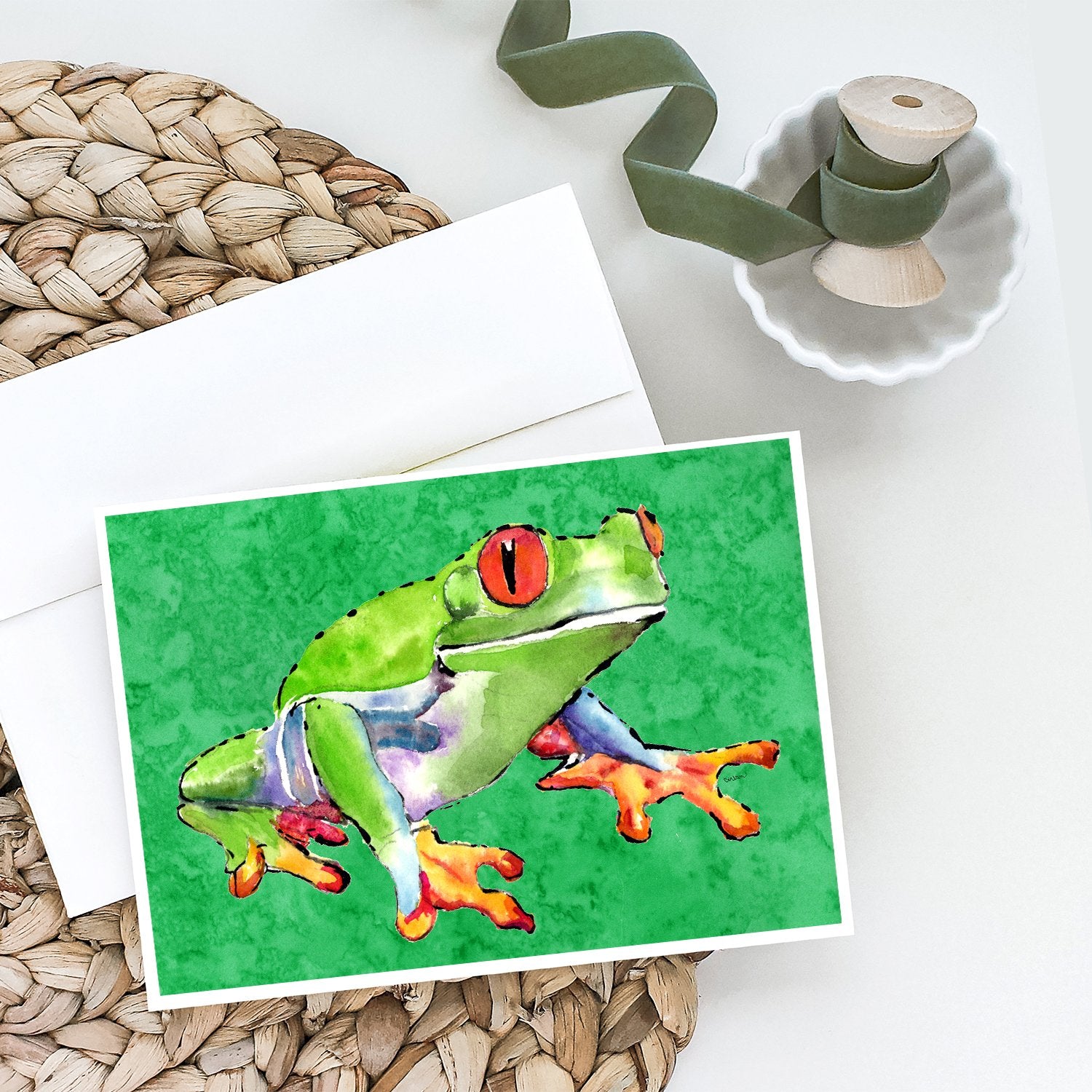 Caroline's Treasures Green Tree Frog Greeting Cards - Blank Note Cards – 8-Pack of Artist-Designed Cards with Envelopes
