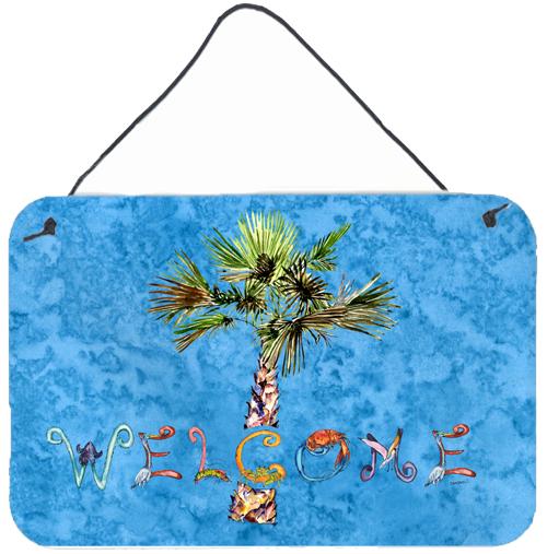 Welcome Palm Tree on Blue Wall or Door Hanging Prints 8708DS812 by Caroline's Treasures
