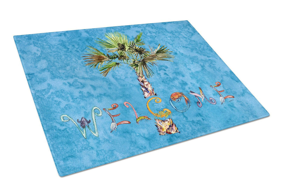 Welcome Palm Tree on Blue Glass Cutting Board Large 8708LCB by Caroline&#39;s Treasures