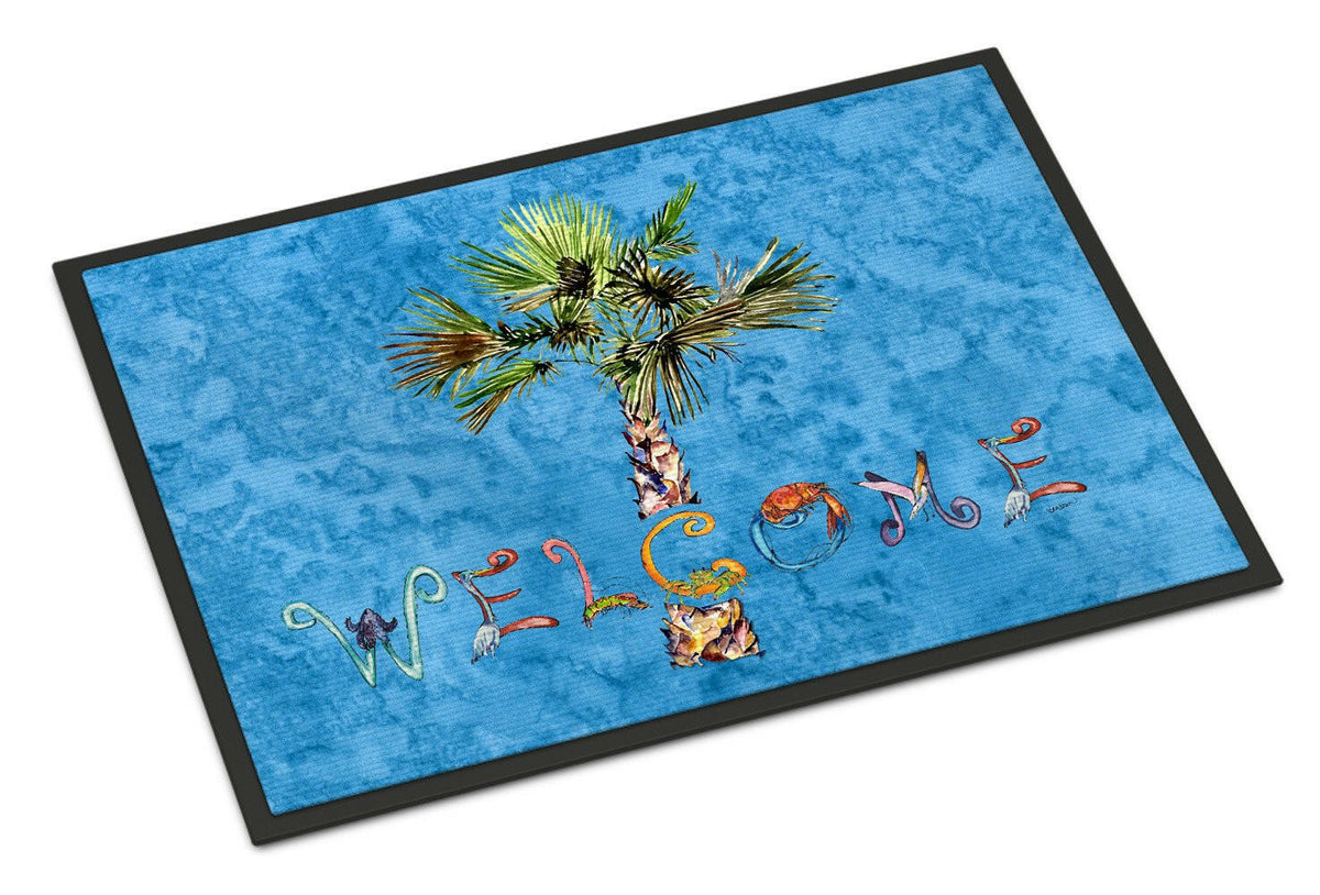 Welcome Palm Tree on Blue Indoor or Outdoor Mat 18x27 8708MAT - the-store.com