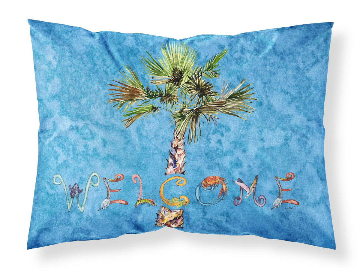 Welcome Palm Tree on Blue Fabric Standard Pillowcase 8708PILLOWCASE by Caroline&#39;s Treasures