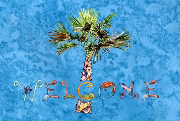 Welcome Palm Tree on Blue Fabric Placemat 8708PLMT by Caroline&#39;s Treasures