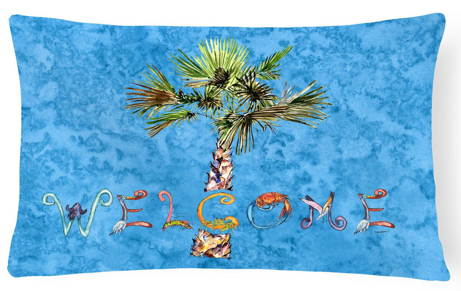 Welcome Palm Tree on Blue Canvas Fabric Decorative Pillow 8708PW1216 by Caroline's Treasures