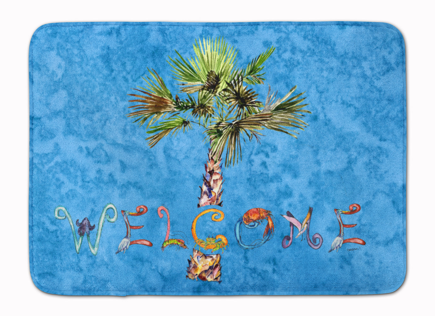 Welcome Palm Tree on Blue Machine Washable Memory Foam Mat 8708RUG - the-store.com
