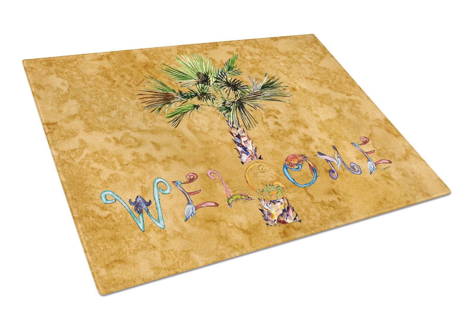 Welcome Palm Tree on Gold Glass Cutting Board Large 8709LCB by Caroline's Treasures