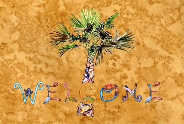 Welcome Palm Tree on Gold Fabric Placemat 8709PLMT by Caroline&#39;s Treasures
