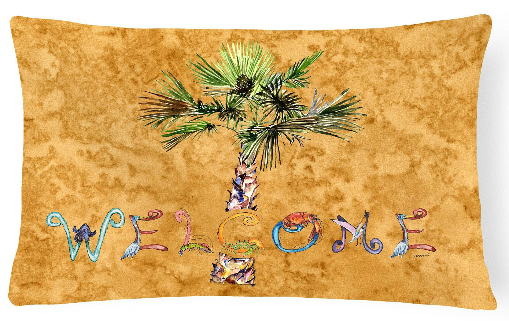 Welcome Palm Tree on Gold Canvas Fabric Decorative Pillow 8709PW1216 by Caroline's Treasures