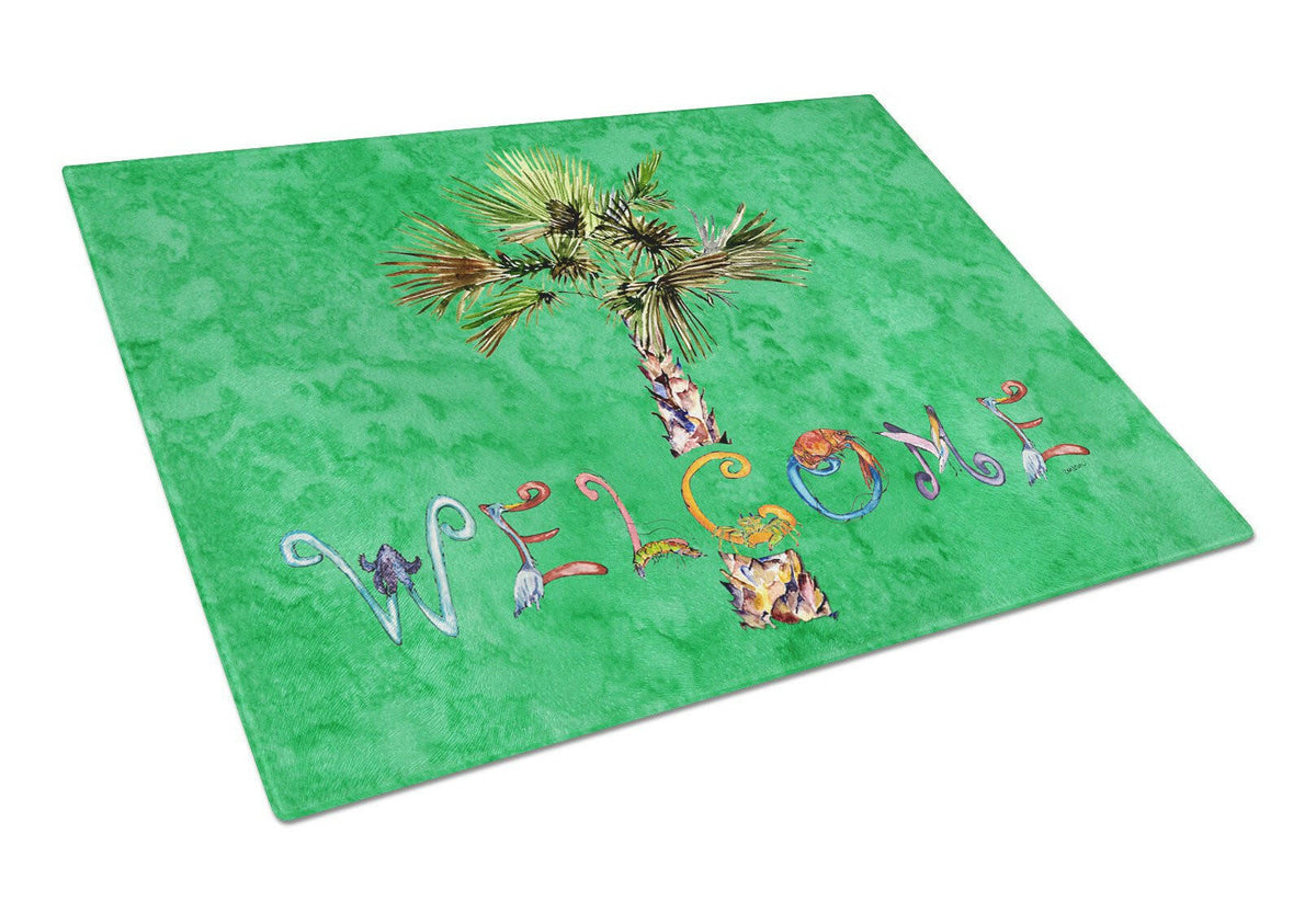 Welcome Palm Tree on Green Glass Cutting Board Large 8710LCB by Caroline&#39;s Treasures
