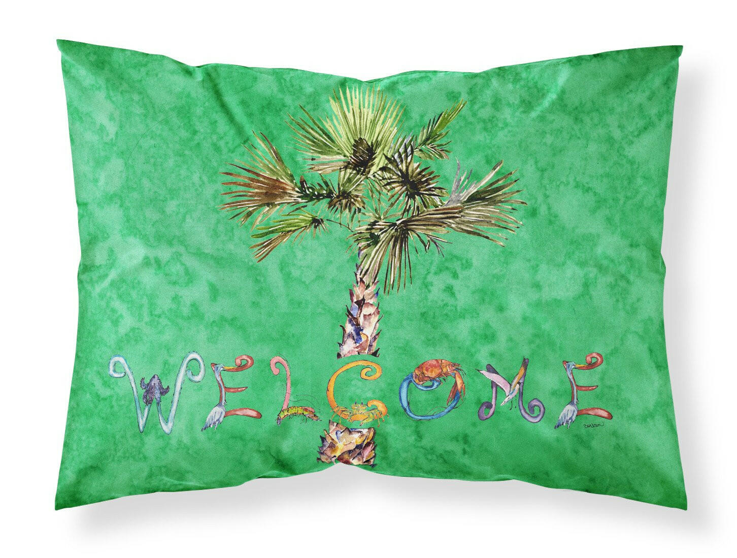 Welcome Palm Tree on Green Fabric Standard Pillowcase 8710PILLOWCASE by Caroline's Treasures