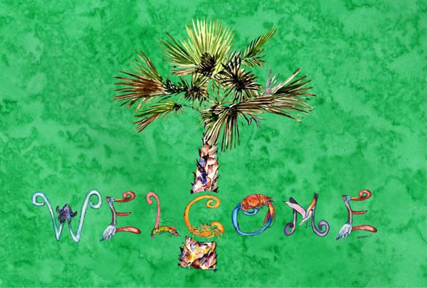 Welcome Palm Tree on Green Fabric Placemat 8710PLMT by Caroline&#39;s Treasures