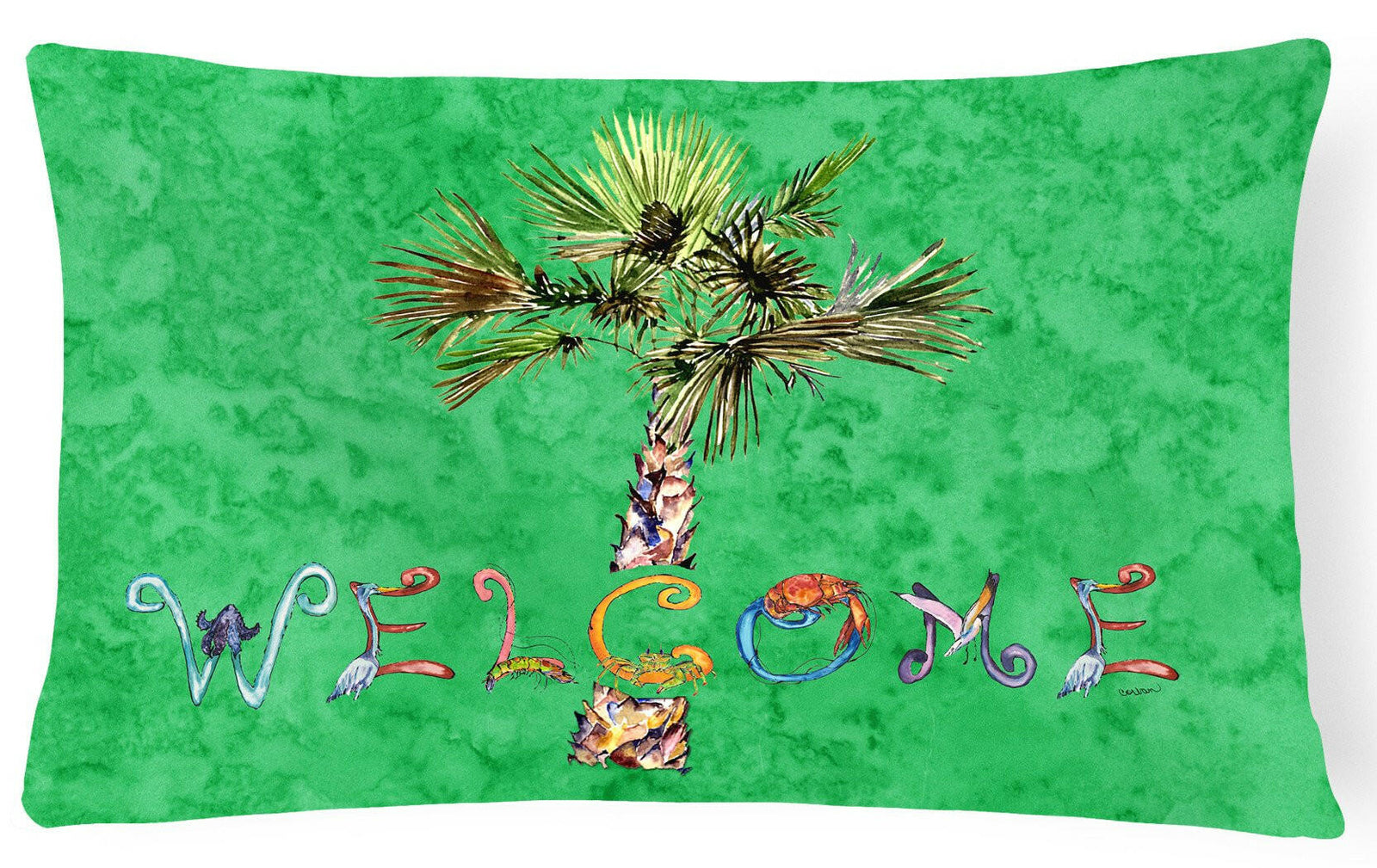 Welcome Palm Tree on Green Canvas Fabric Decorative Pillow 8710PW1216 by Caroline's Treasures