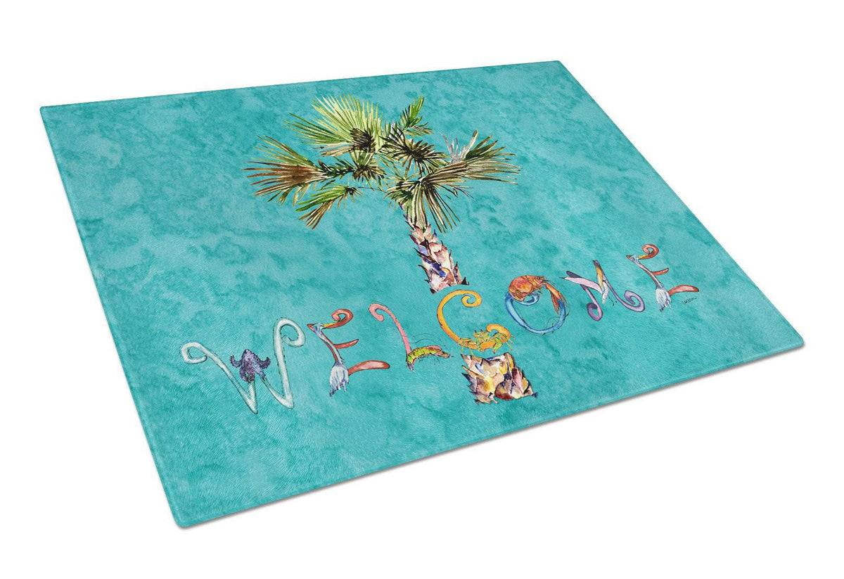 Welcome Palm Tree on Teal Glass Cutting Board Large 8711LCB by Caroline&#39;s Treasures
