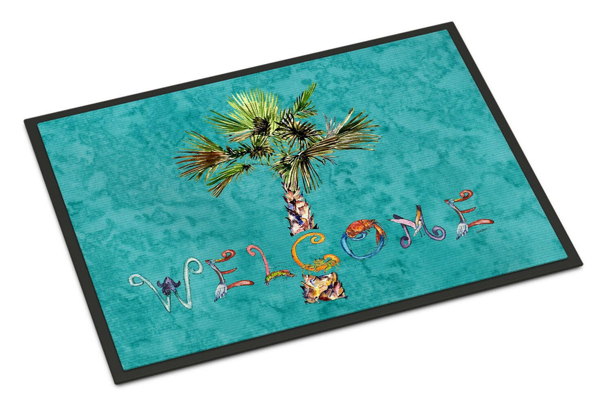 Welcome Palm Tree on Teal Indoor or Outdoor Mat 18x27 8711MAT - the-store.com