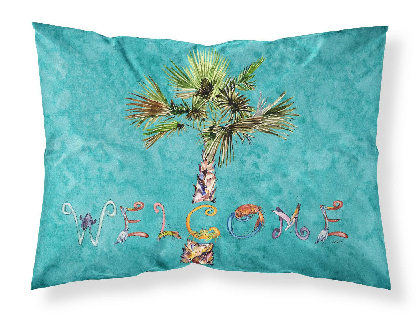 Welcome Palm Tree on Teal Fabric Standard Pillowcase 8711PILLOWCASE by Caroline's Treasures