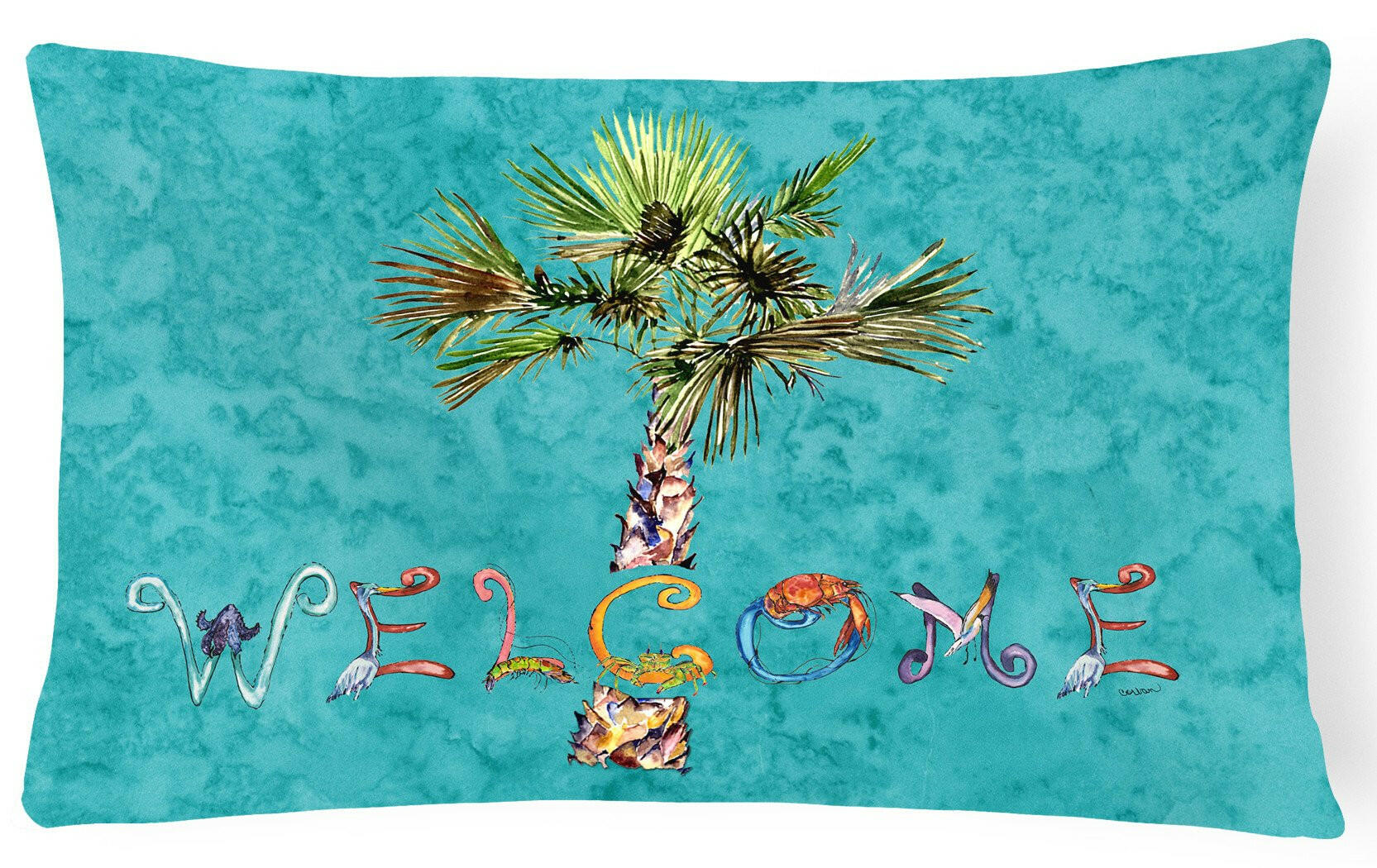 Welcome Palm Tree on Teal Canvas Fabric Decorative Pillow 8711PW1216 by Caroline's Treasures