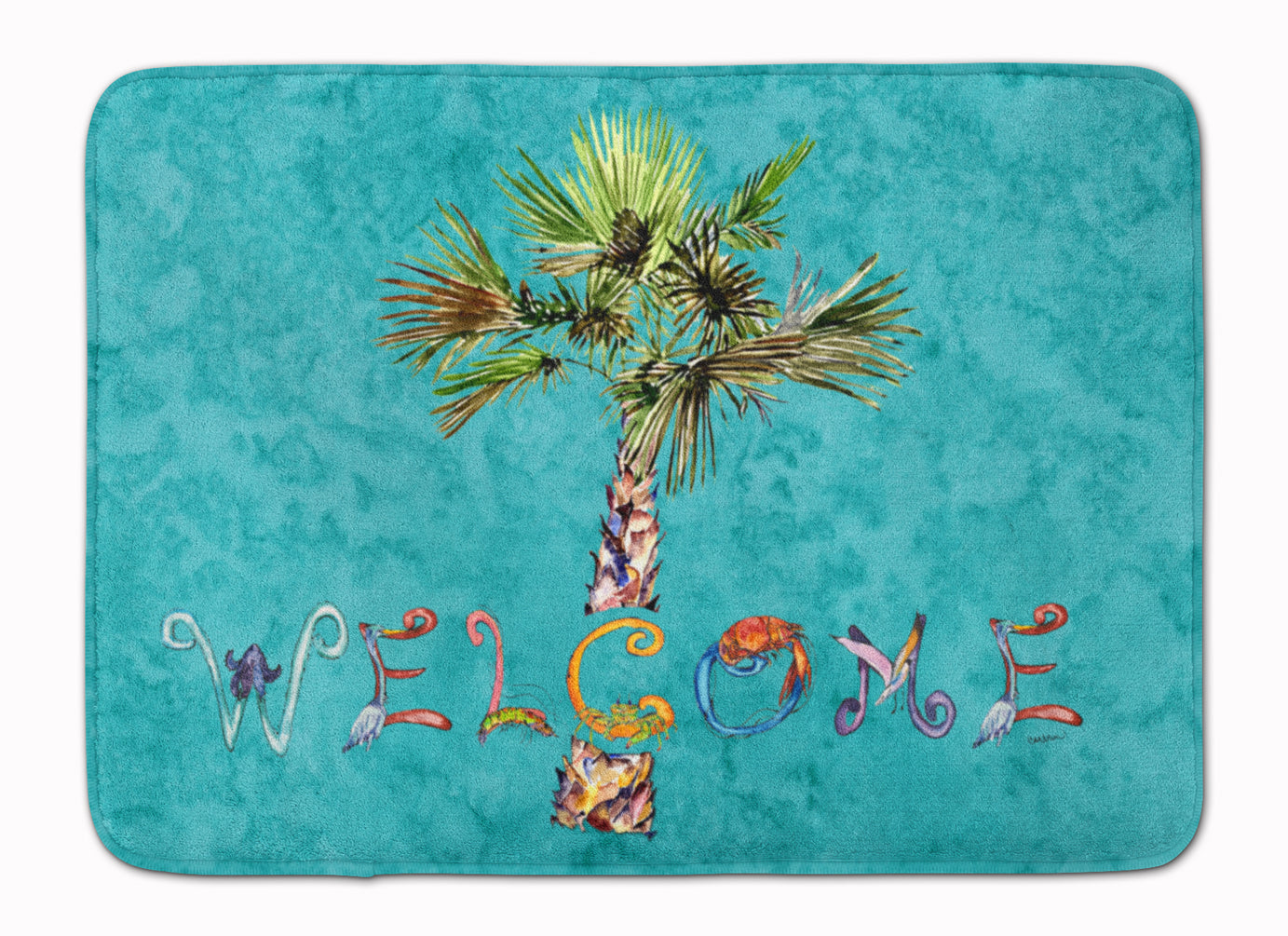 Welcome Palm Tree on Teal Machine Washable Memory Foam Mat 8711RUG - the-store.com
