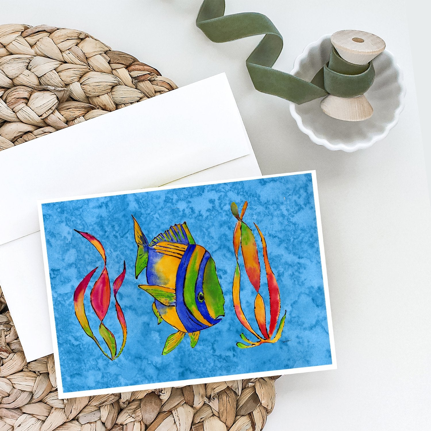 Troical Fish and Seaweed on Blue Greeting Cards and Envelopes Pack of 8 - the-store.com
