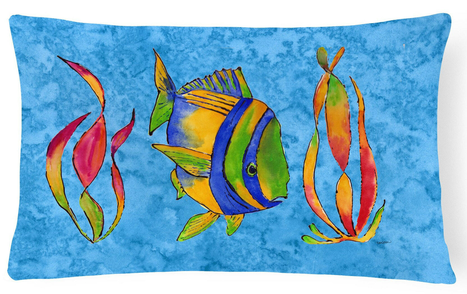 Troical Fish and Seaweed on Blue Canvas Fabric Decorative Pillow 8713PW1216 by Caroline's Treasures