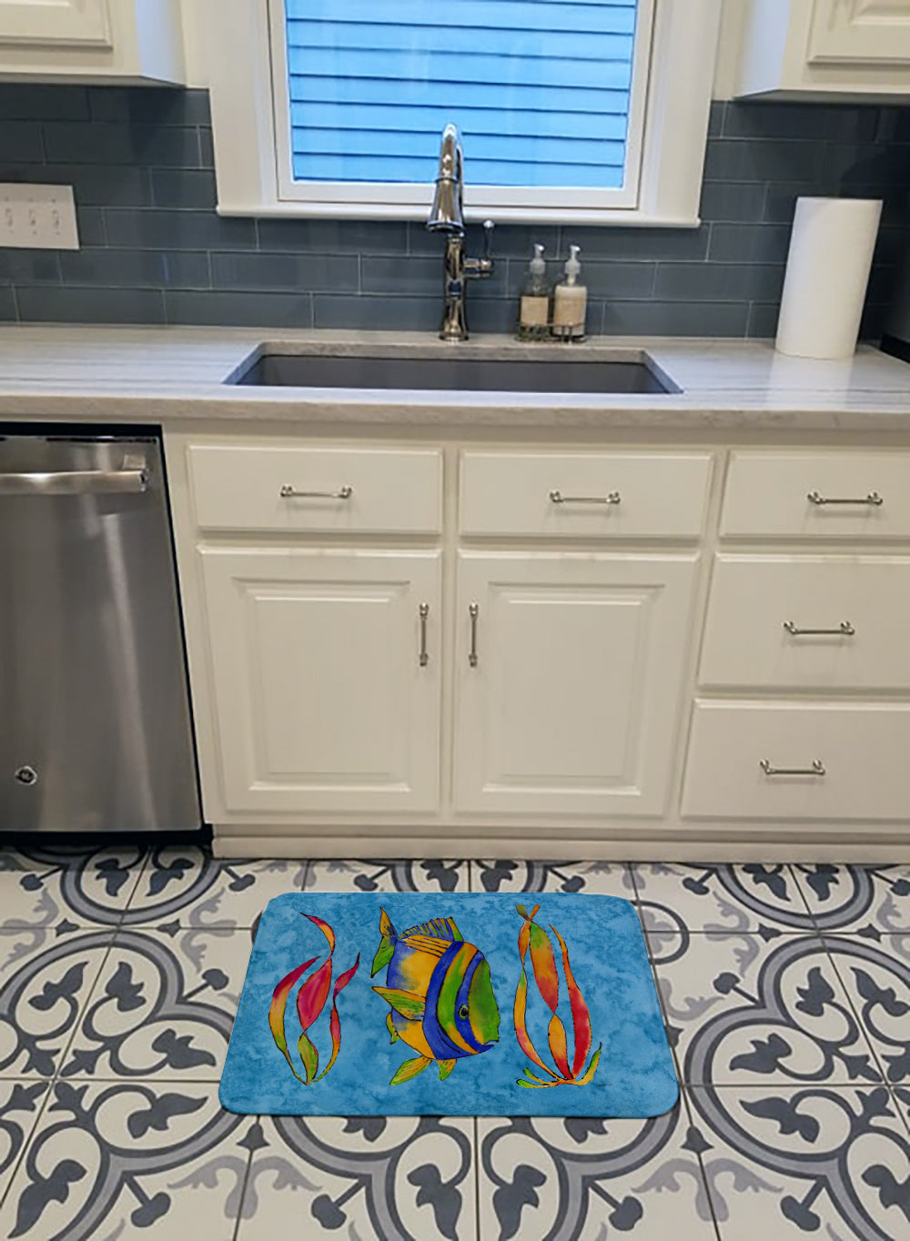 Troical Fish and Seaweed on Blue Machine Washable Memory Foam Mat 8713RUG - the-store.com