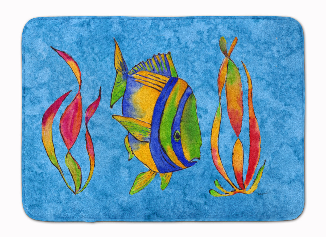 Troical Fish and Seaweed on Blue Machine Washable Memory Foam Mat 8713RUG - the-store.com