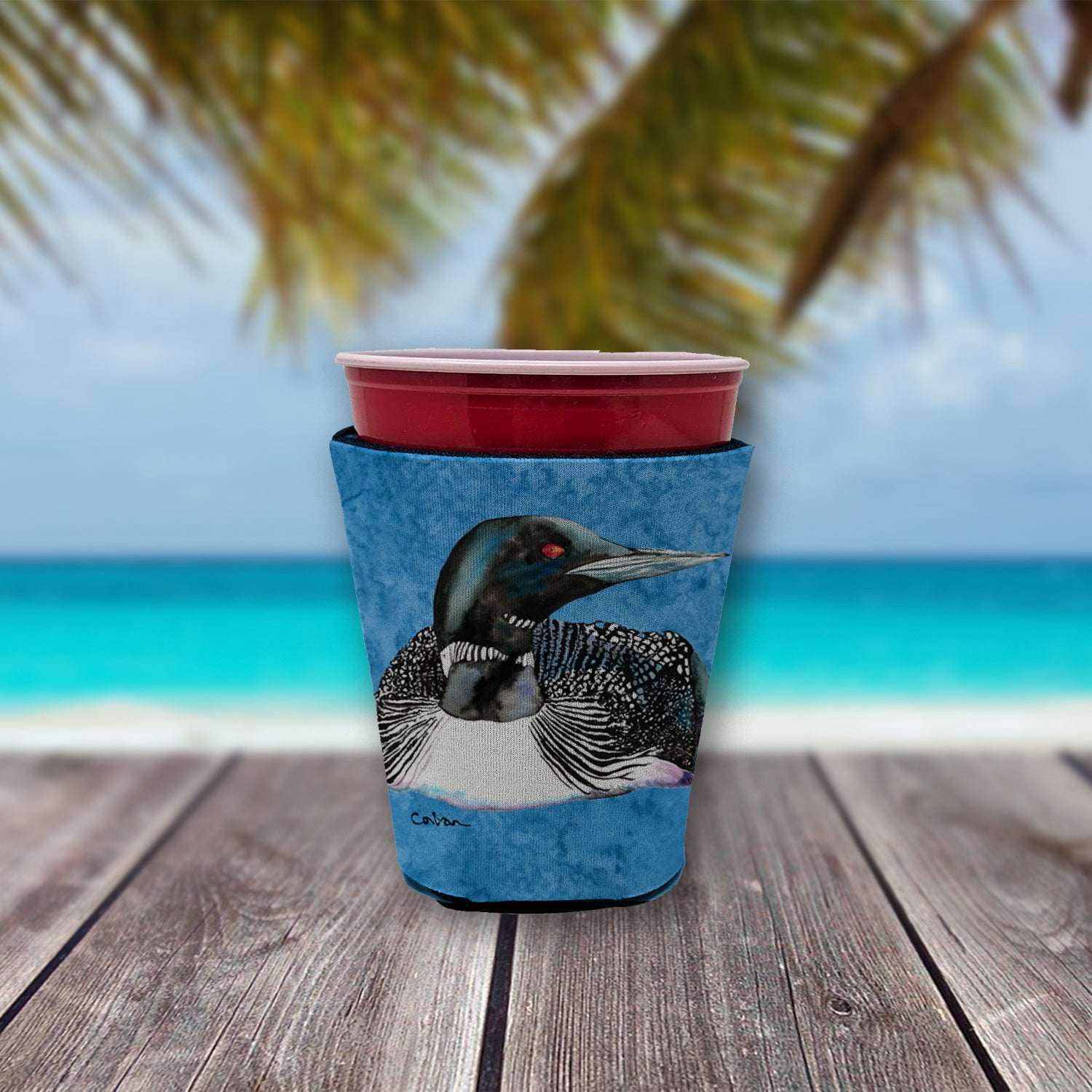 Bird - Loon  Red Cup Beverage Insulator Hugger