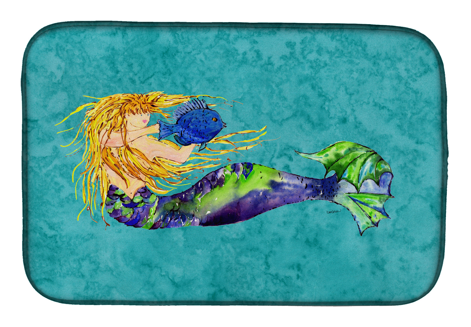 Blonde Mermaid on Teal Dish Drying Mat 8724DDM