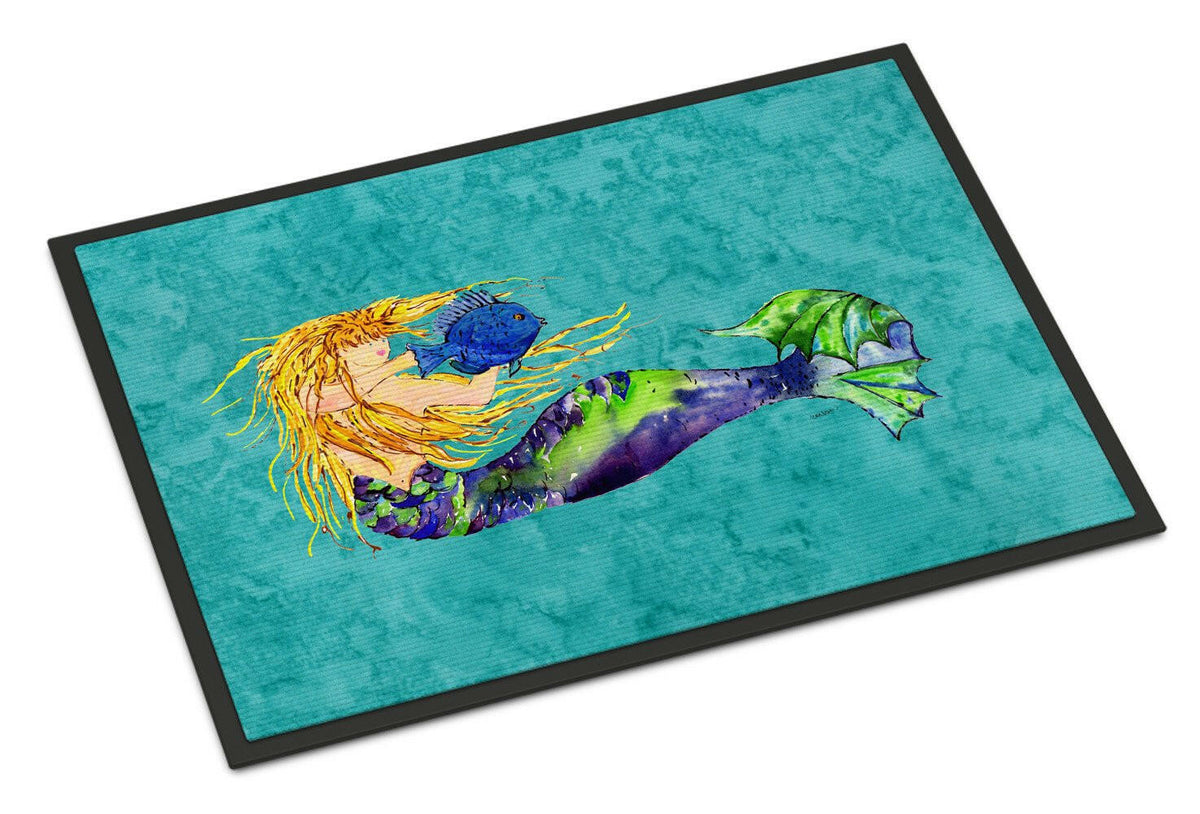 Blonde Mermaid on Teal Indoor or Outdoor Mat 18x27 8724MAT - the-store.com