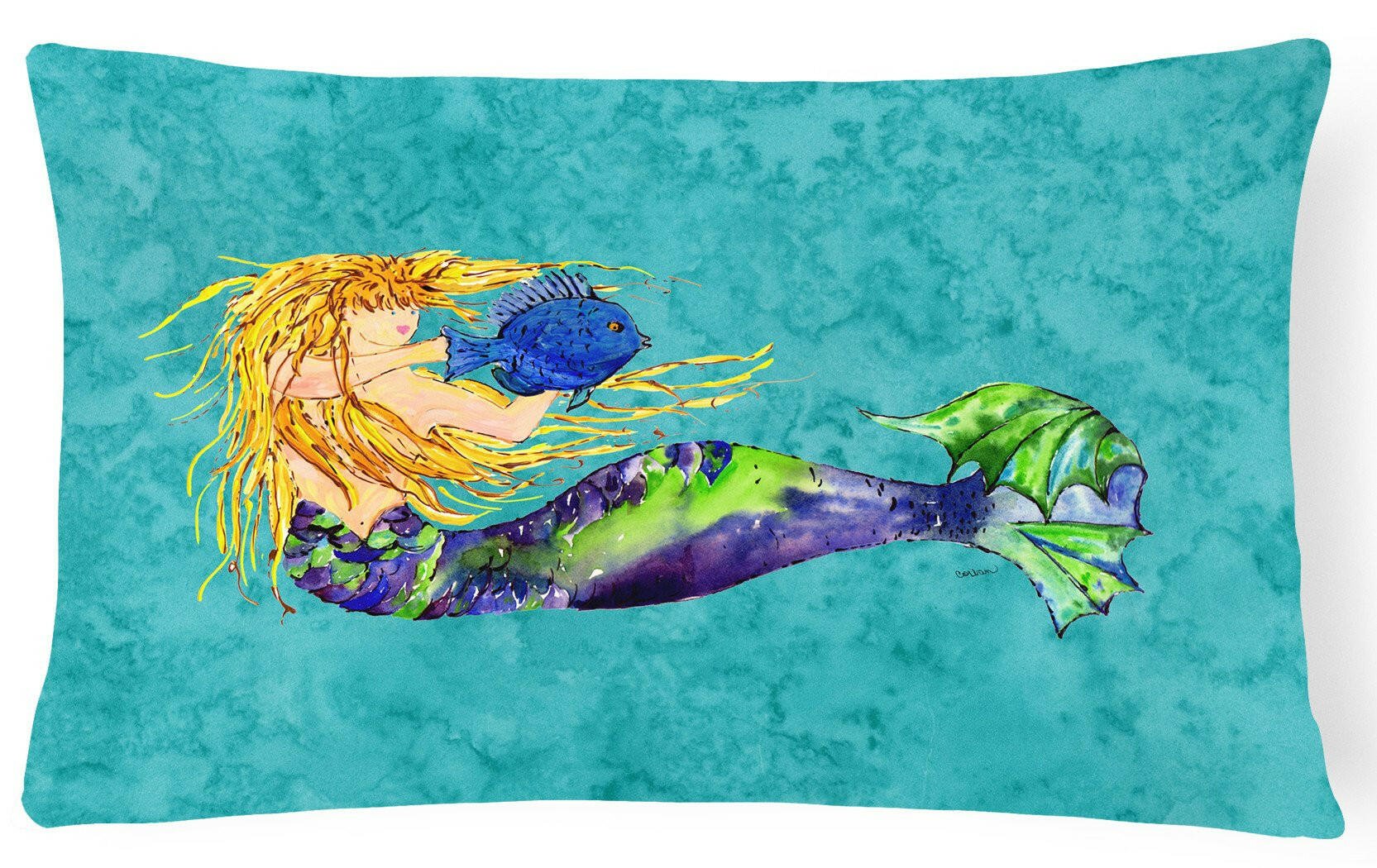 Blonde Mermaid on Teal Canvas Fabric Decorative Pillow 8724PW1216 by Caroline's Treasures