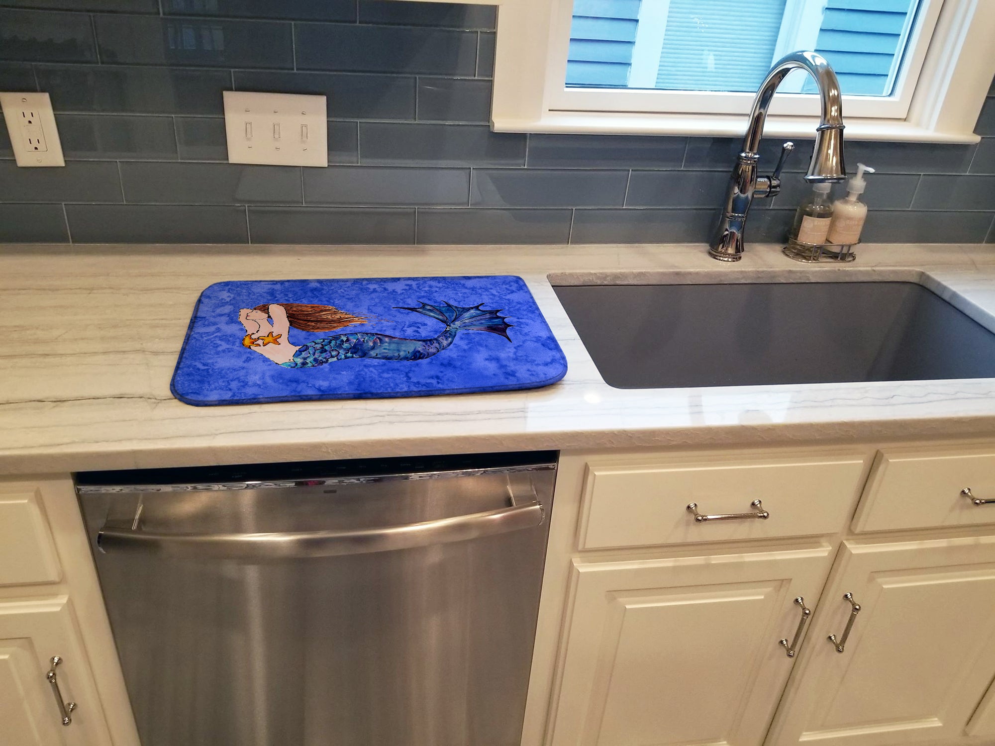 Brunette Mermaid on Blue Dish Drying Mat 8725DDM