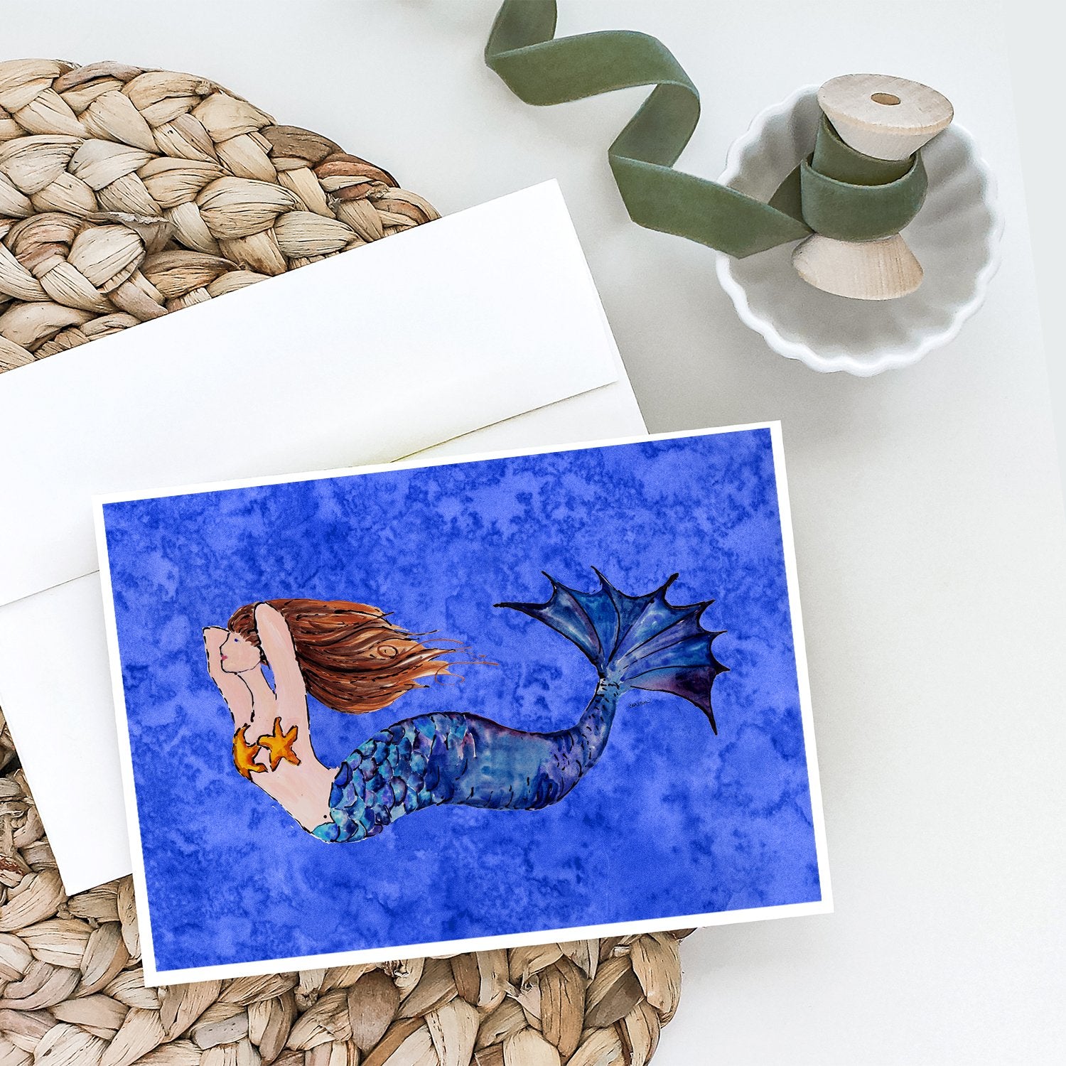 Brunette Mermaid on Blue Greeting Cards and Envelopes Pack of 8 - the-store.com
