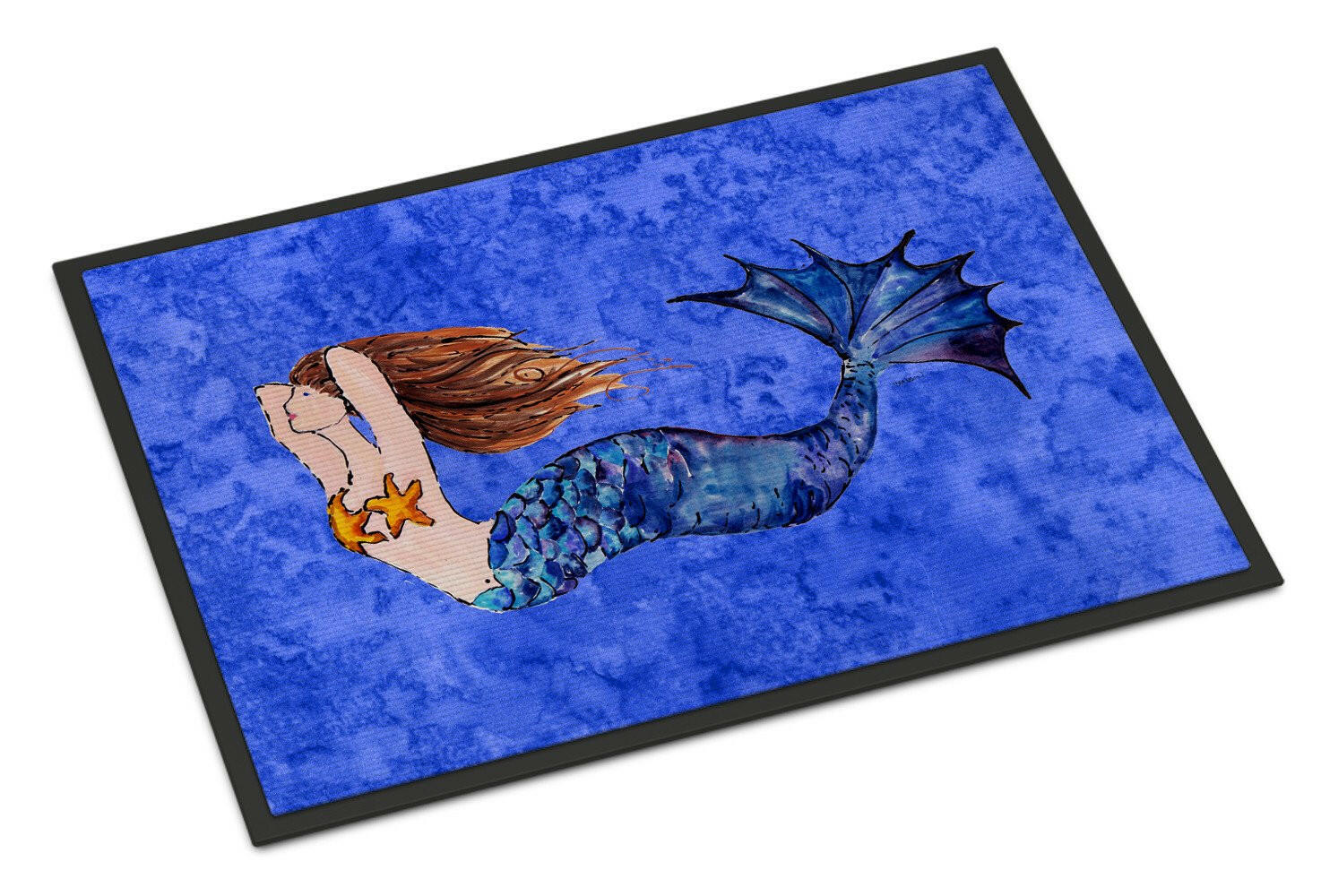 Brunette Mermaid on Blue Indoor or Outdoor Mat 24x36 8725JMAT - the-store.com