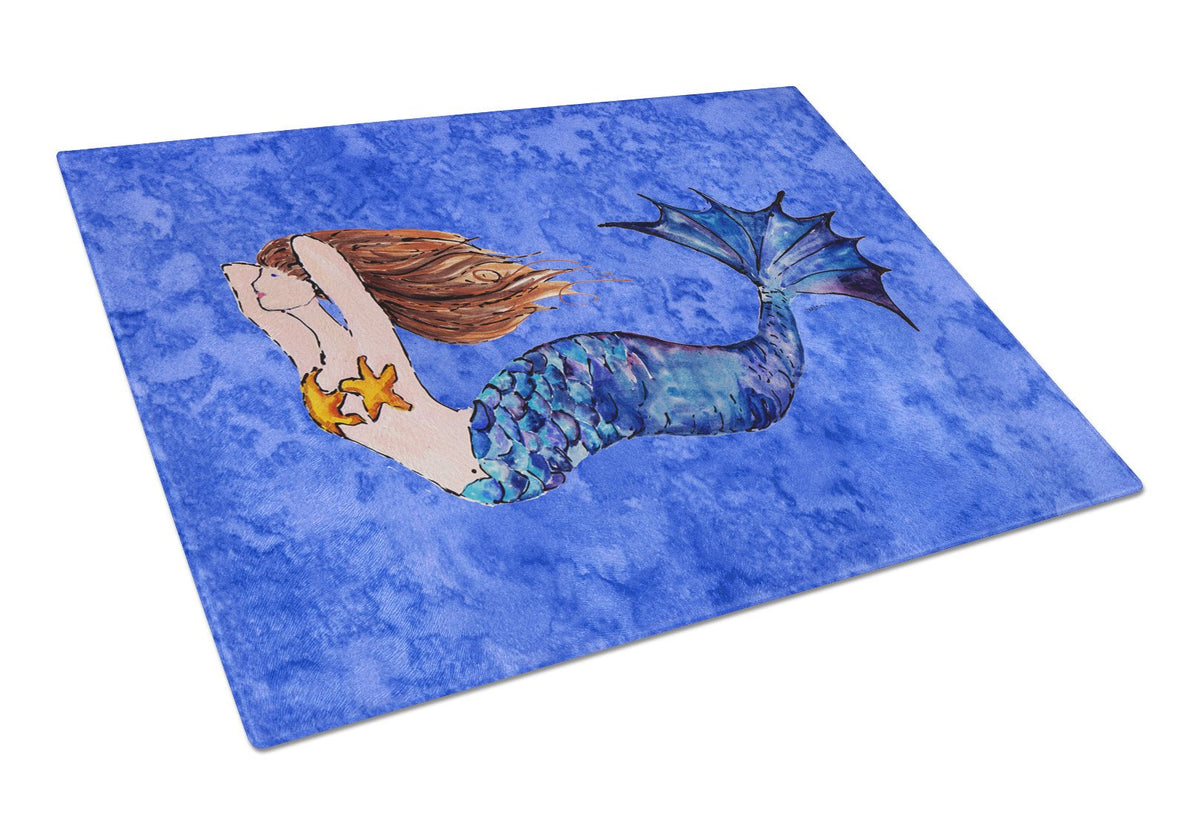 Brunette Mermaid on Blue Glass Cutting Board Large 8725LCB by Caroline&#39;s Treasures