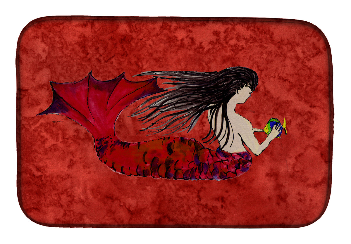 Black Haired Mermaid on Red Dish Drying Mat 8726DDM